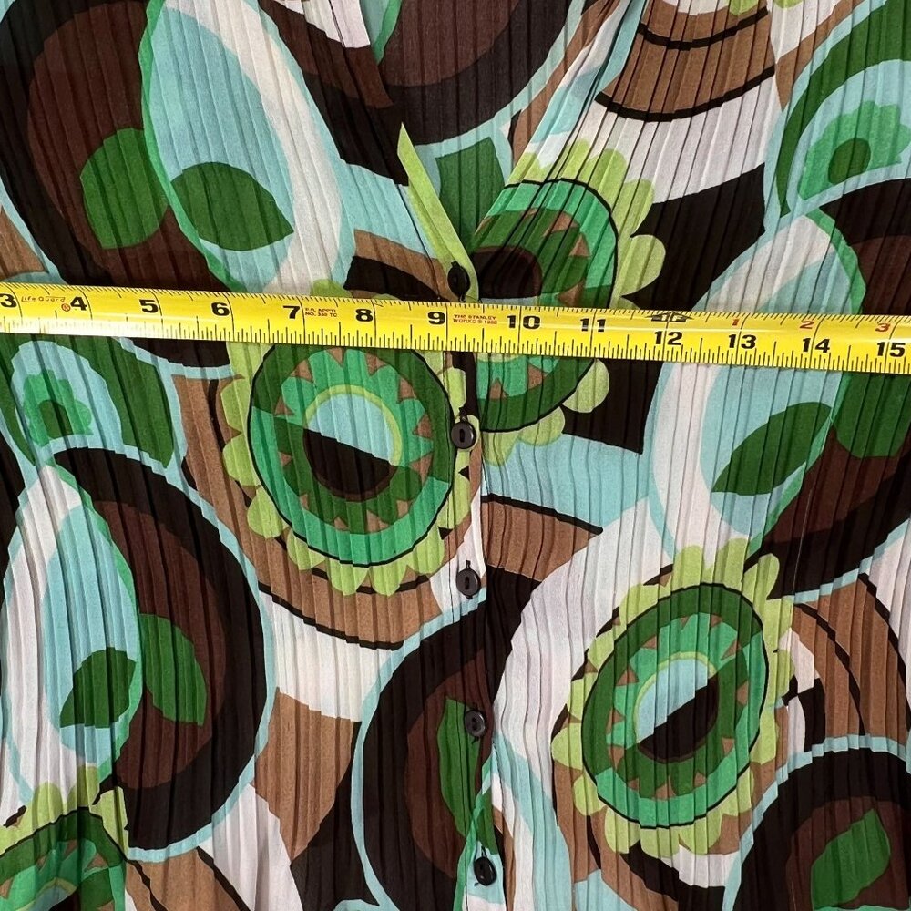 Allison Taylor Blouse Boho Hippie Green Abstract 3/4 Bell Sleeve Pleated Med Top - Picture 10 of 12